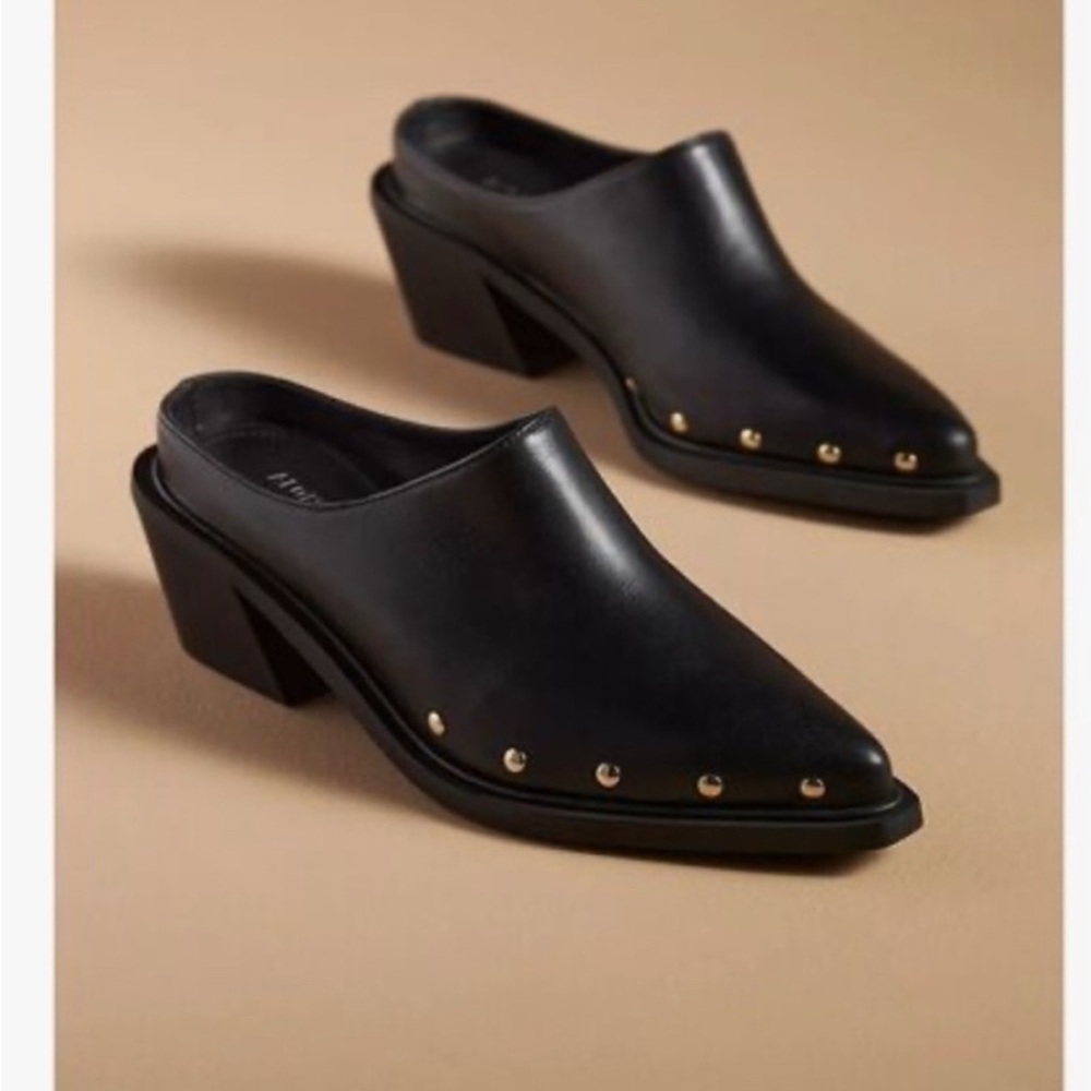 ALOHAS Black Mules with Gold Studs